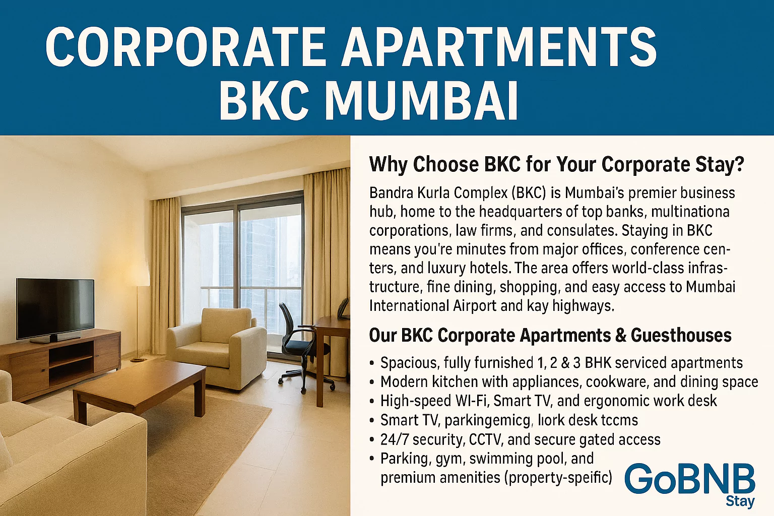 Modern living room with large windows, comfortable sofa, work desk, and dining area in a corporate apartment. The space is bright and inviting, with cityscape views of Bandra Kurla Complex, Mumbai. The atmosphere is professional yet homely, ideal for business travelers. No visible text in the image.